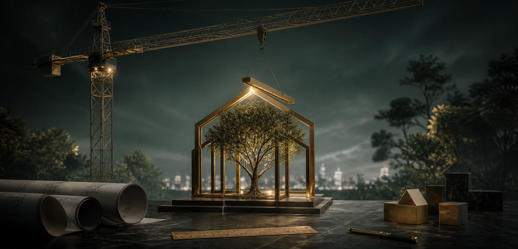 A crane completing a home-shaped structure around a living tree at twilight